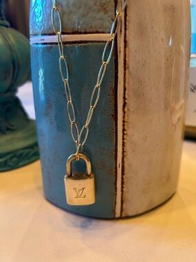Louis Vuitton Gold Padlock Necklace with Paperclip Chain